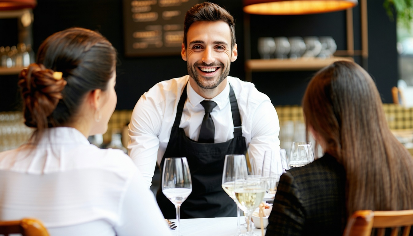 smiling waiter attending a table of people ready to order