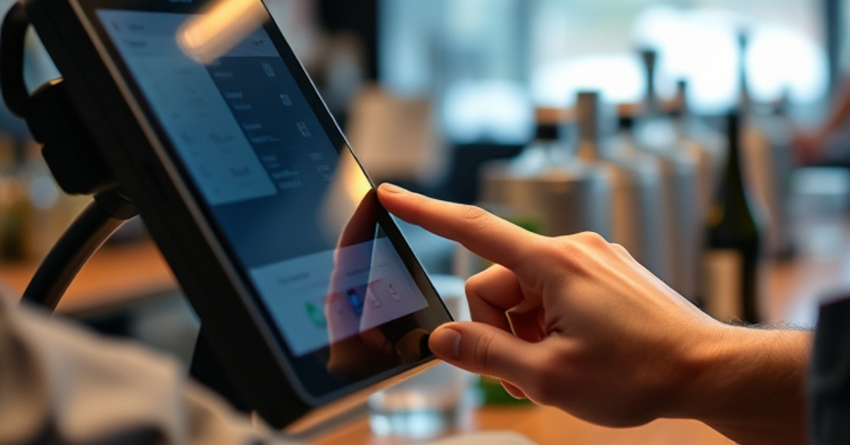 Restaurant worker using a modern POS touchscreen system at the bar, representing restaurant technology and digital ordering solutions.