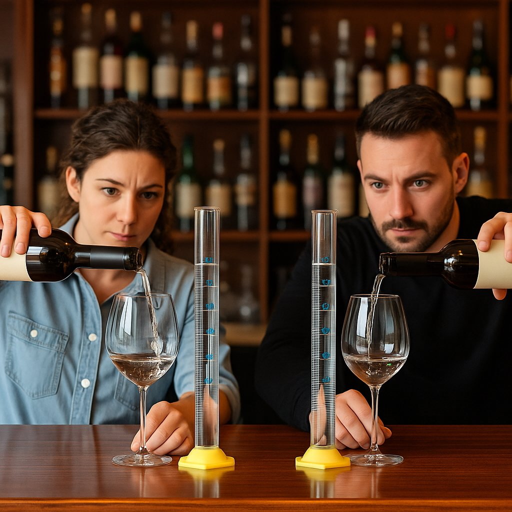 Two bartenders behind a bar counter participating in a wine pour accuracy challenge, pouring water into glasses and comparing results with a measuring beaker in a friendly training session.