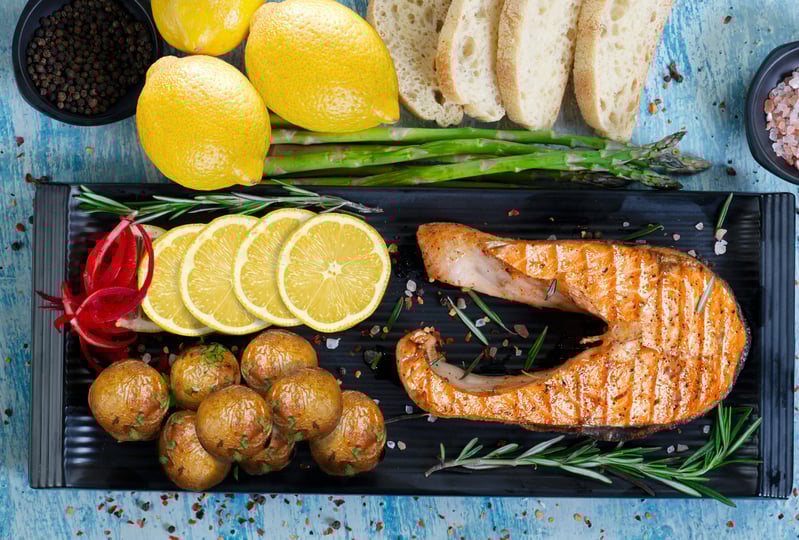 Grilled salmon fillet plated with roasted potatoes, lemon slices, fresh asparagus, and herbs — example of individual plate costing with visible portion sizes, ingredient breakdown, and presentation for accurate food cost calculation in restaurant operations.