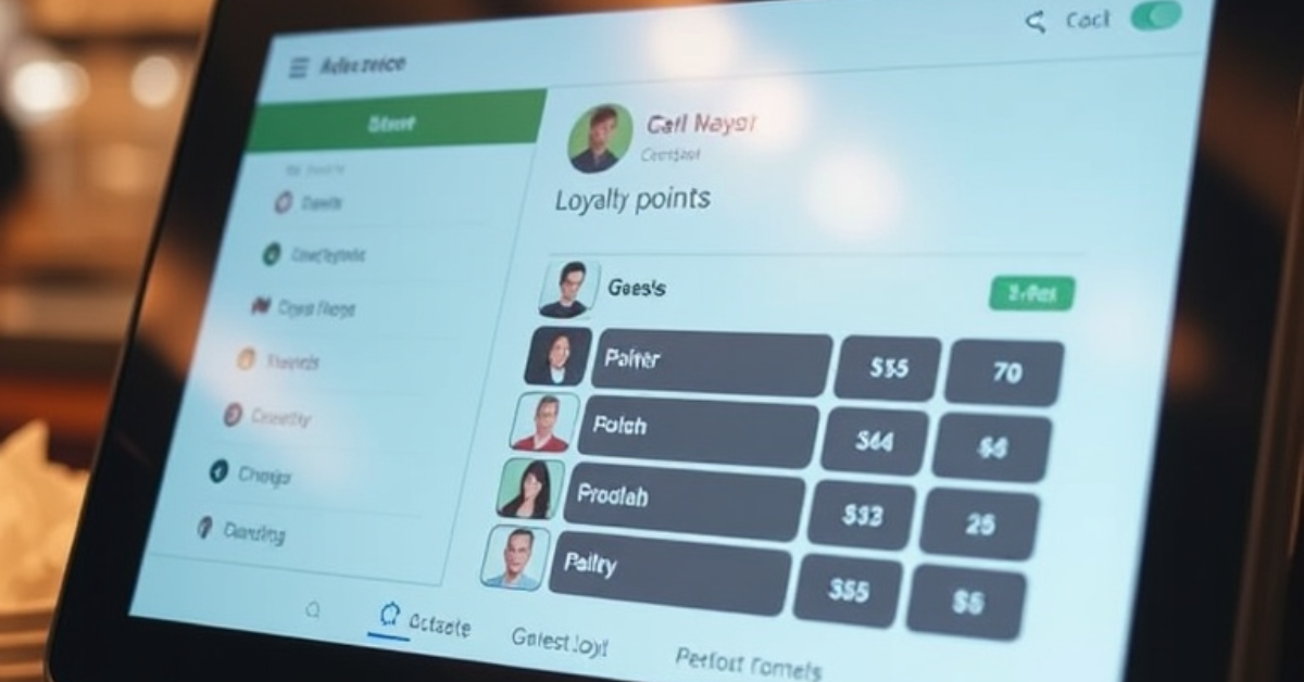 Close-up of a restaurant POS screen displaying customer loyalty points and spending amounts, showcasing digital rewards program tracking.
