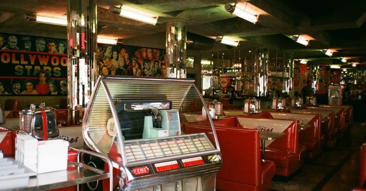 Classic American diner interior with jukebox and booths, highlighting restaurant operations and atmosphere.