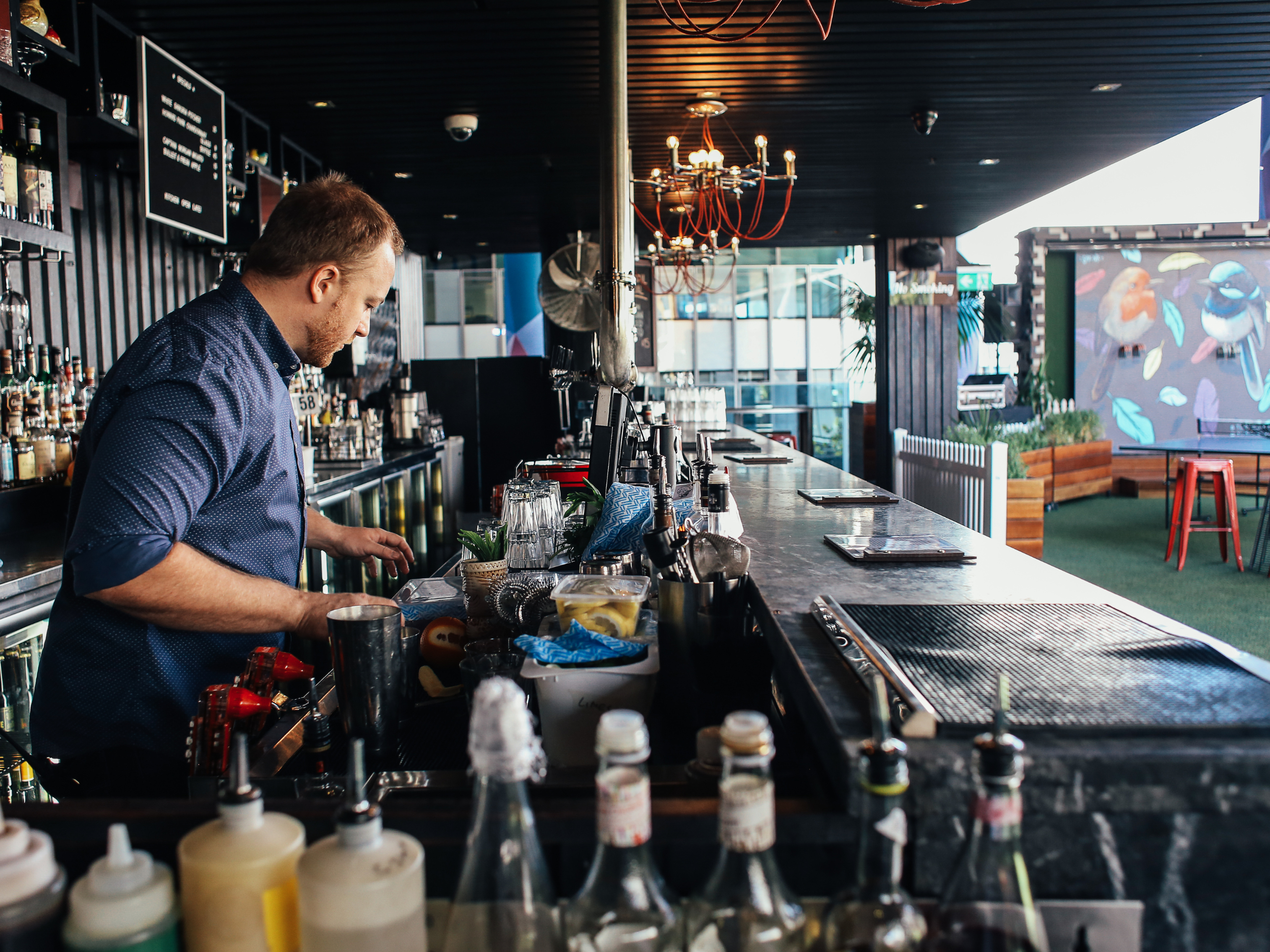 Bartender behind the bar conducting a liquor inventory audit.