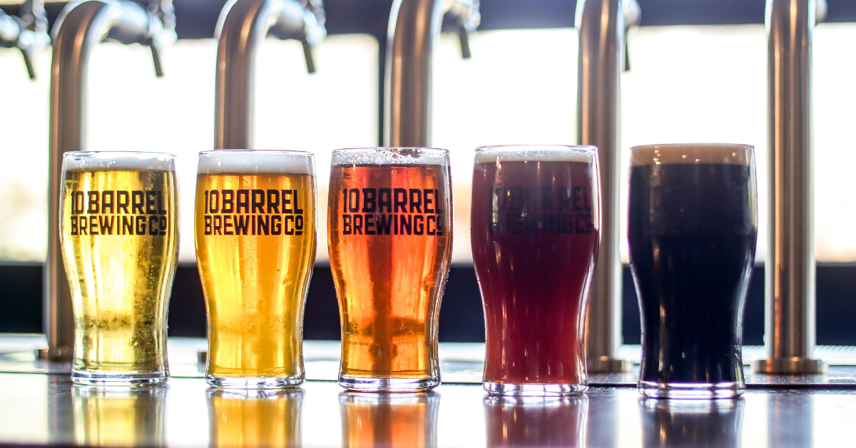 Draft beer styles lined up at 10 Barrel Brewing Co. to show color range and freshness