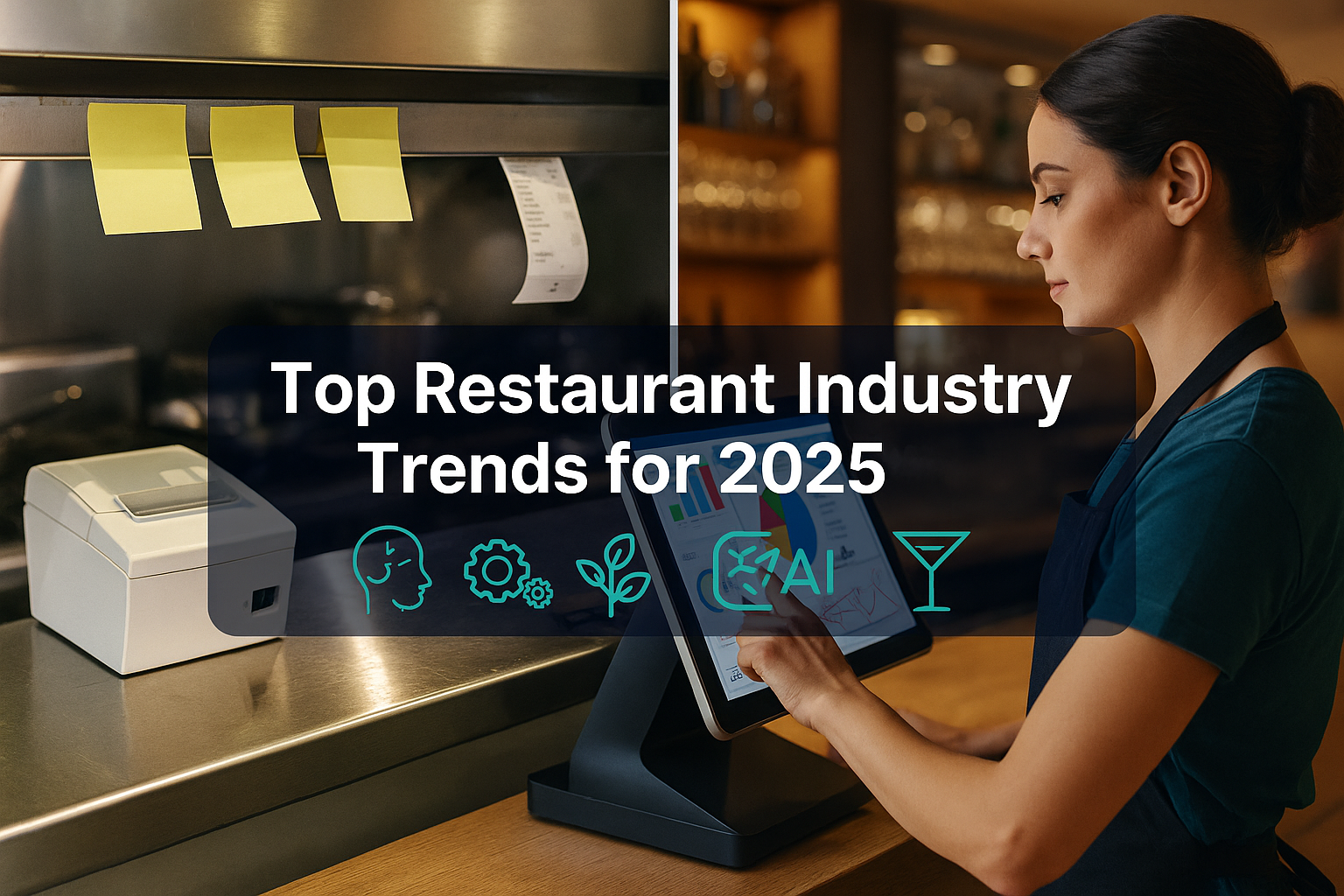 Featured image for Top Restaurant Industry Trends 2025 blog—POS system, restaurant tech, AI, automation, sustainability, and bar service insights.